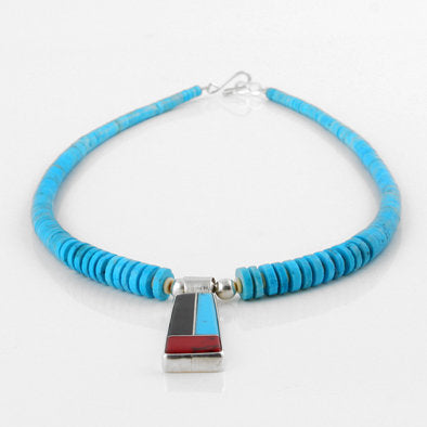Turquoise Necklace with Multi Stone Inlay Pendant