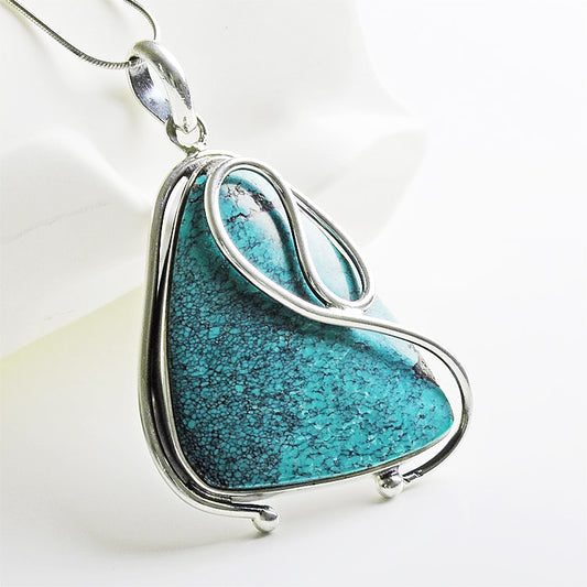 Turquoise Triangle in Silver Swirls Pendant