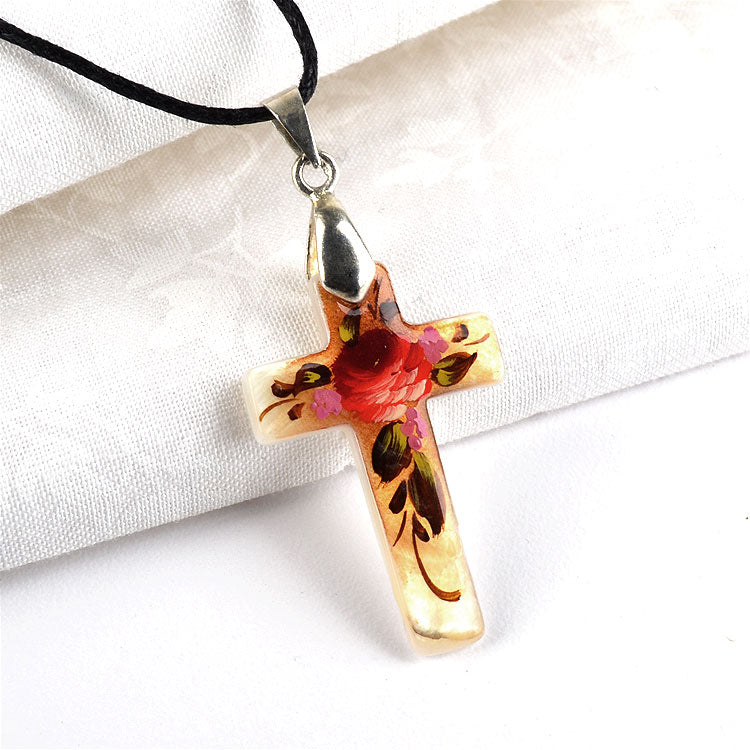 Floral Painting Cross Necklace