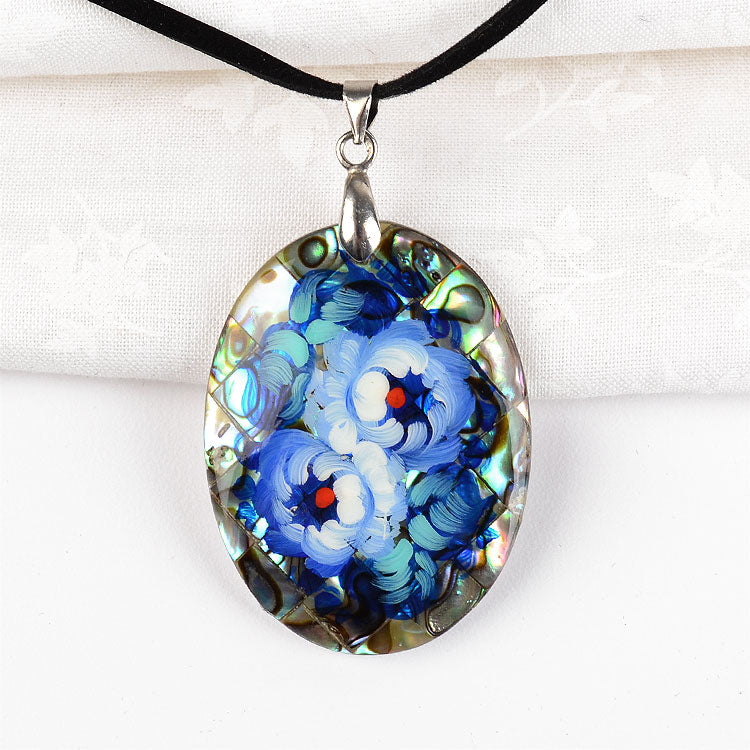 Blue Zhostovo on Abalone Necklace