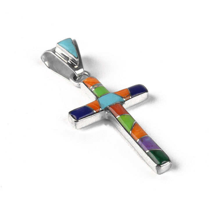 Colorful Inlaid Gemstone Cross Pendant