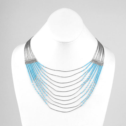 Ten Layer Liquid Silver & Turquoise Necklace (AS-IS)