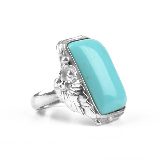 Rectangle Turquoise with Silver Leaves Ring