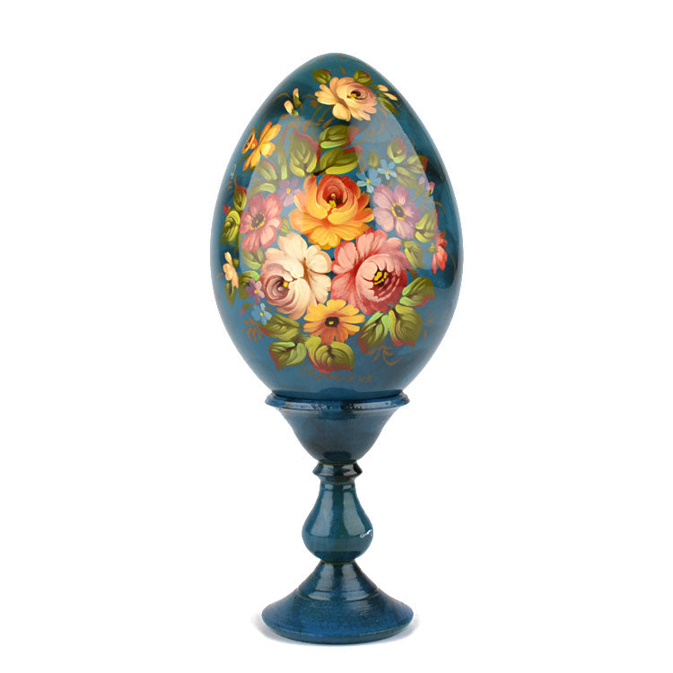 Blue Wooden Egg with Flowers