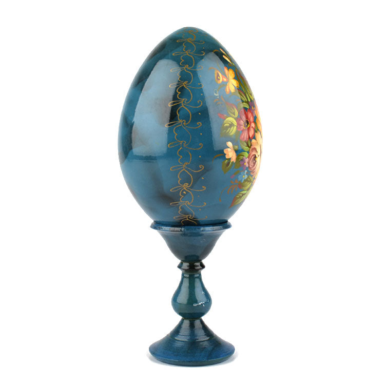 Blue Wooden Egg with Flowers