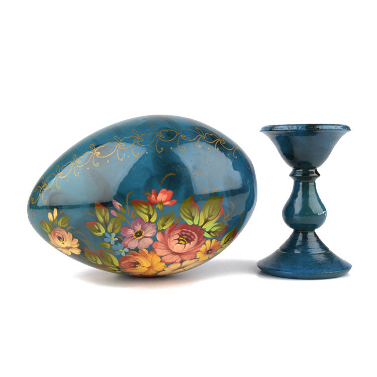 Blue Wooden Egg with Flowers