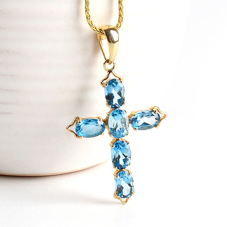 Blue Topaz 14K Gold Cross Pendant