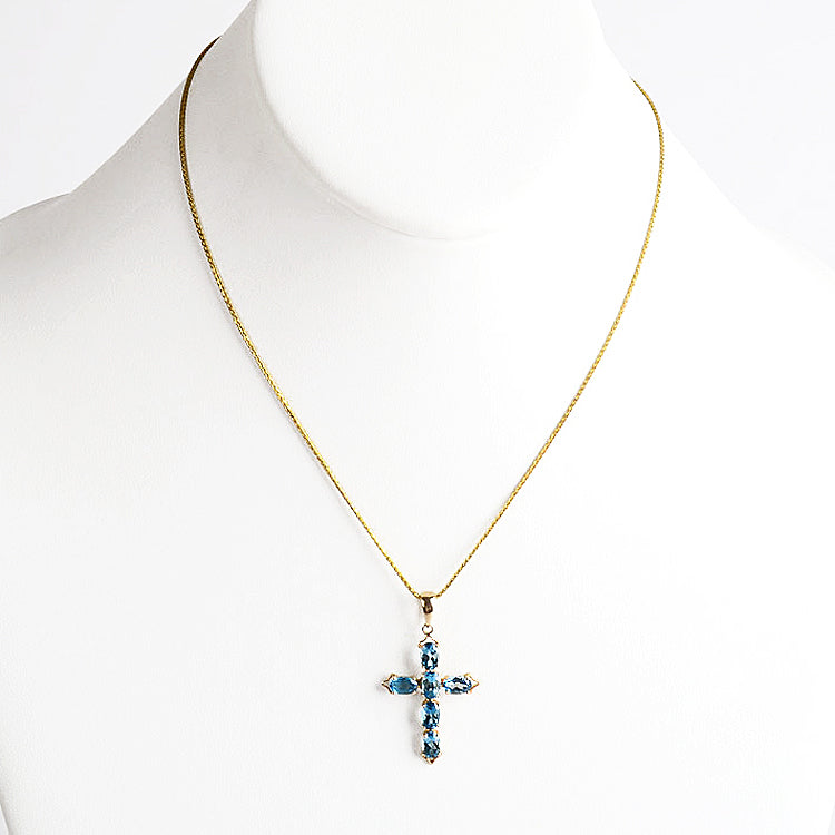 Blue Topaz 14K Gold Cross Pendant