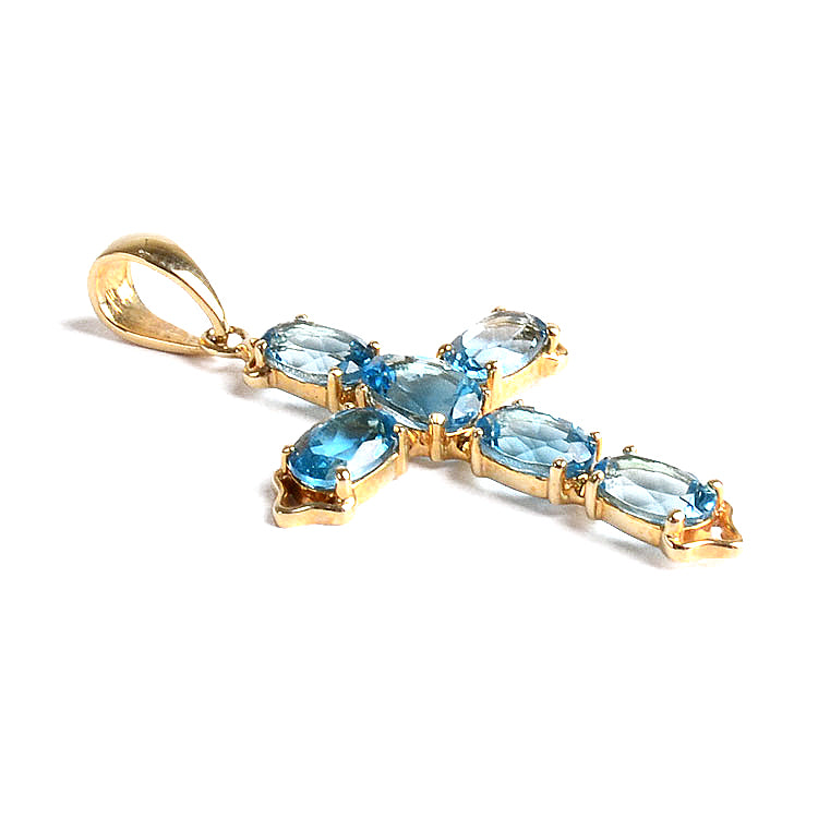 Blue Topaz 14K Gold Cross Pendant