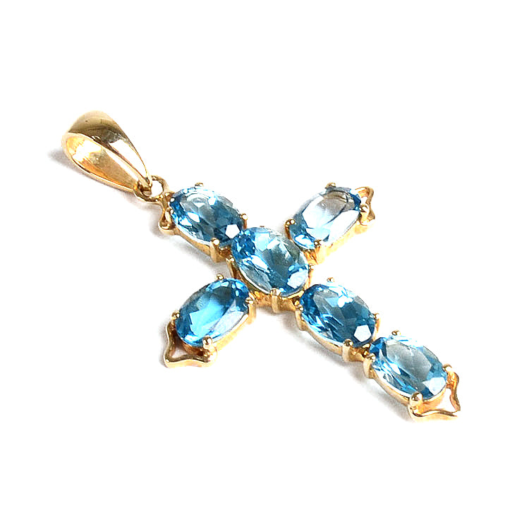 Blue Topaz 14K Gold Cross Pendant