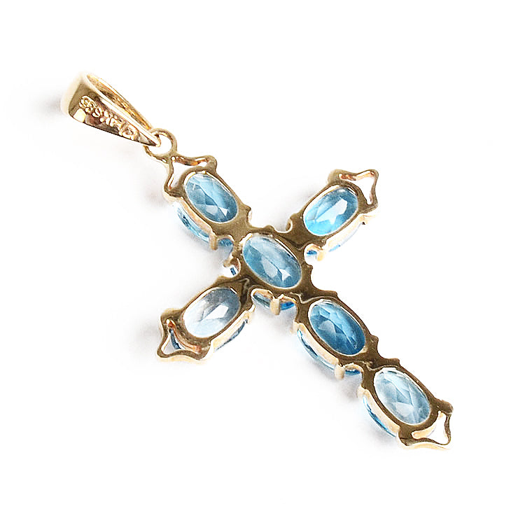 Blue Topaz 14K Gold Cross Pendant