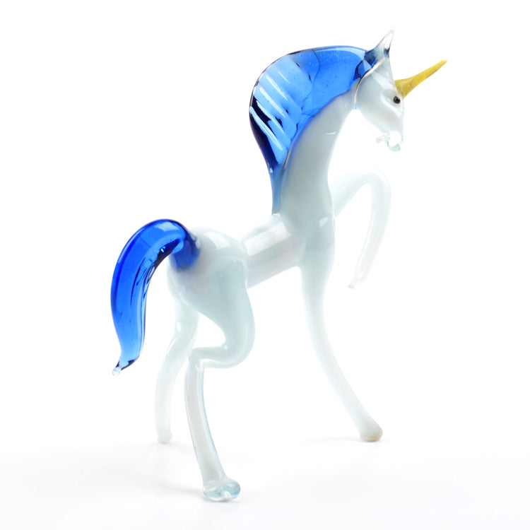 White Glass Unicorn Figurine with Blue Mane