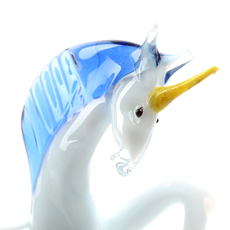 White Glass Unicorn Figurine with Blue Mane