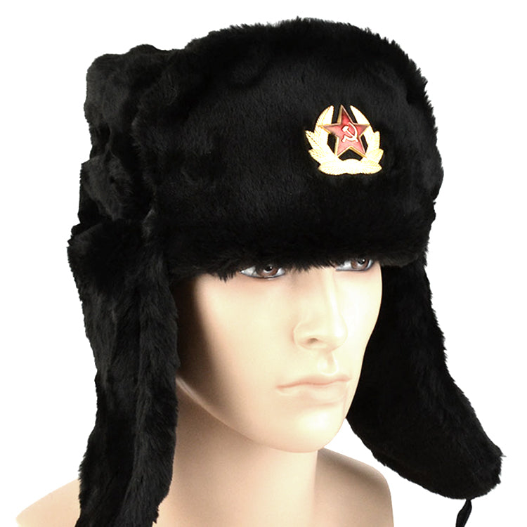 Faux Fur Military Ushanka Hat with Soviet Emblem