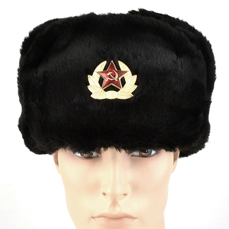 Faux Fur Military Ushanka Hat with Soviet Emblem