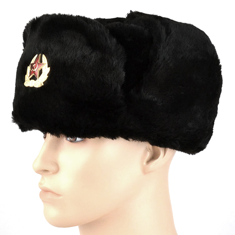 Faux Fur Military Ushanka Hat with Soviet Emblem