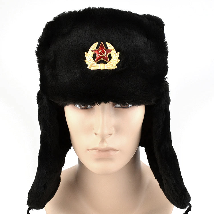Faux Fur Military Ushanka Hat with Soviet Emblem