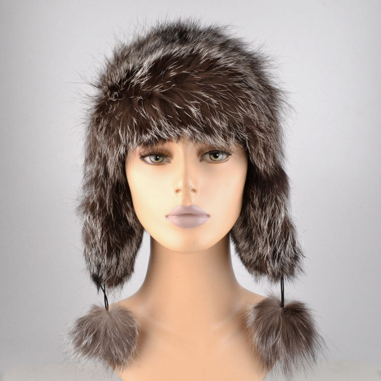 Silver Fox Fur Hat with Pom Poms