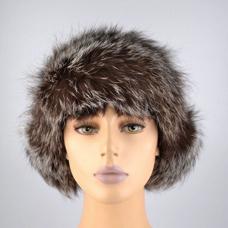 Silver Fox Fur Hat with Pom Poms