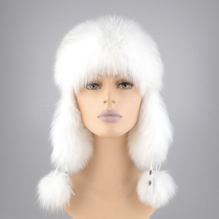 White Fox Fur and Leather Hat