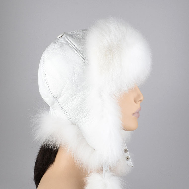 White Fox Fur and Leather Hat