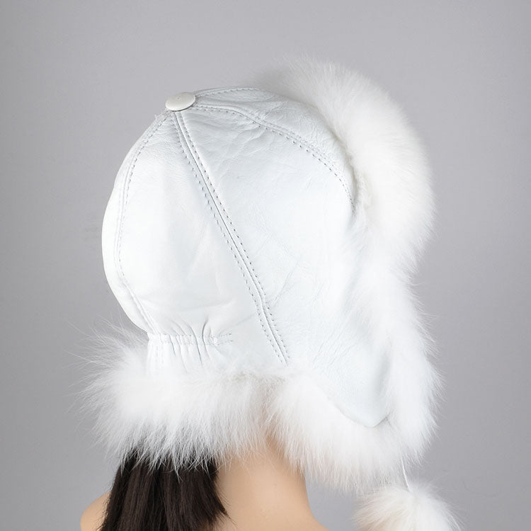 White Fox Fur and Leather Hat