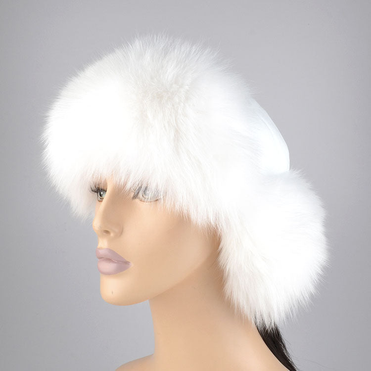 White Fox Fur and Leather Hat