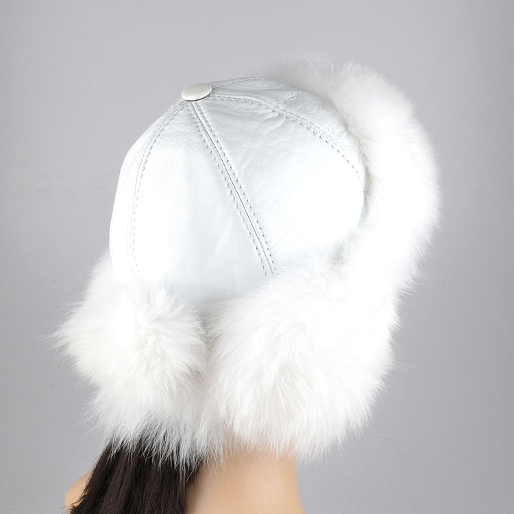 White Fox Fur and Leather Hat