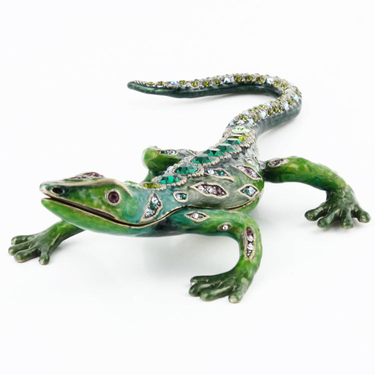 Green Lizard with Crystals Trinket Box