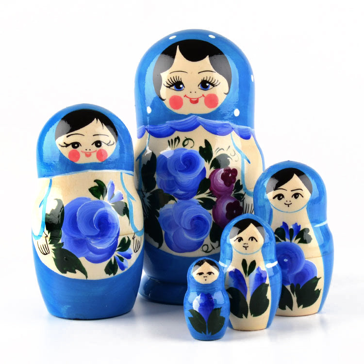 Blue Russian Nesting Doll with Flowers