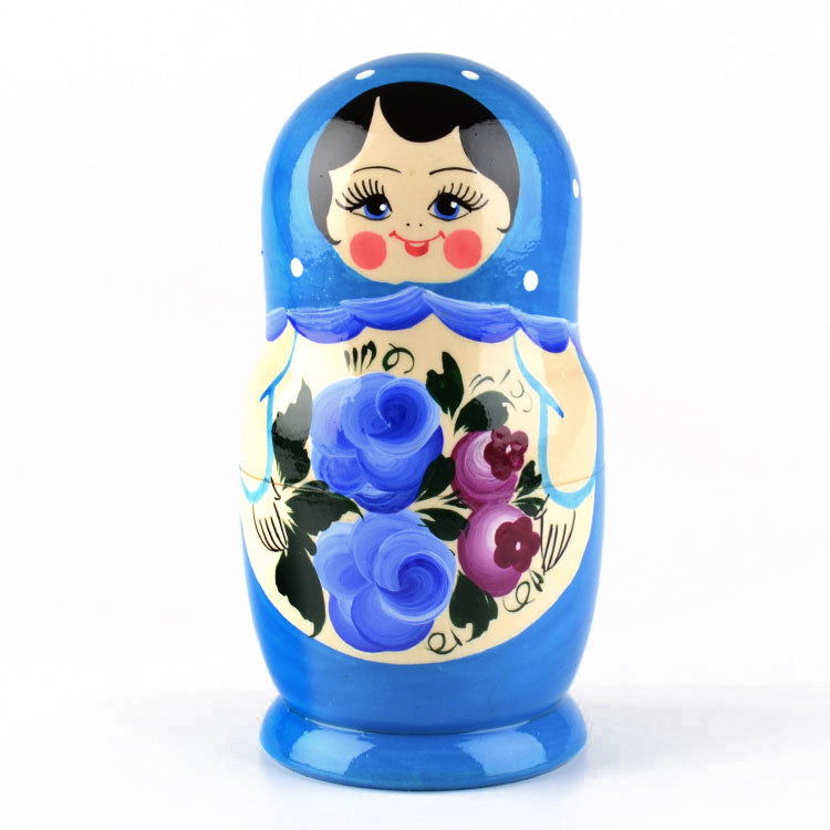 Blue Russian Nesting Doll with Flowers