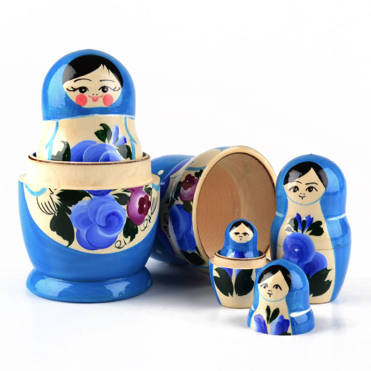 Blue Russian Nesting Doll with Flowers