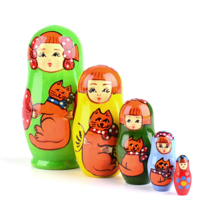 Girl with Cat - Green Matryoshka