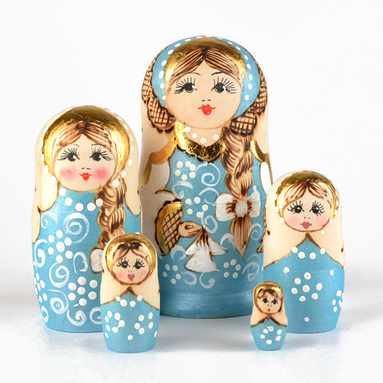 Light Blue Wood Burnt Nested Doll