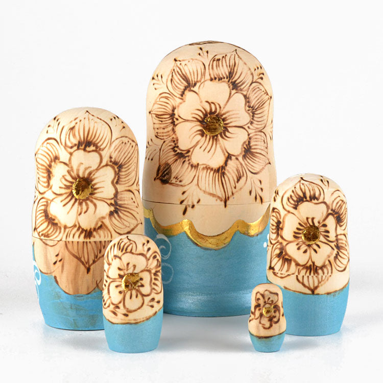 Light Blue Wood Burnt Nested Doll