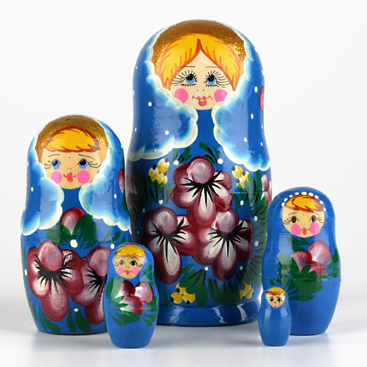 Purple Flowers Blue Babushka Doll