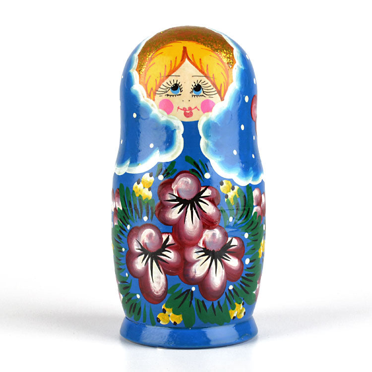 Purple Flowers Blue Babushka Doll