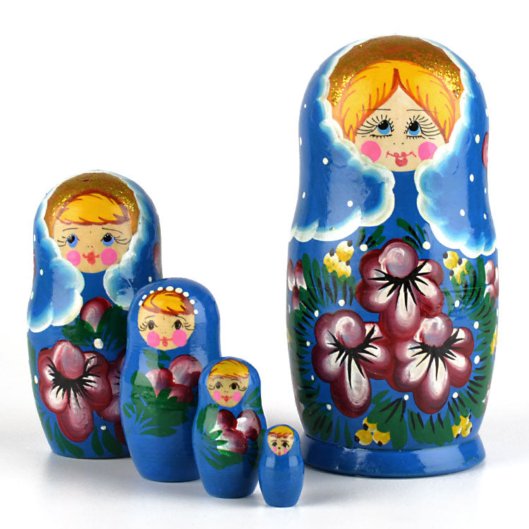 Purple Flowers Blue Babushka Doll