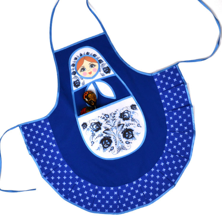 Blue Kitchen Apron with Russian Doll