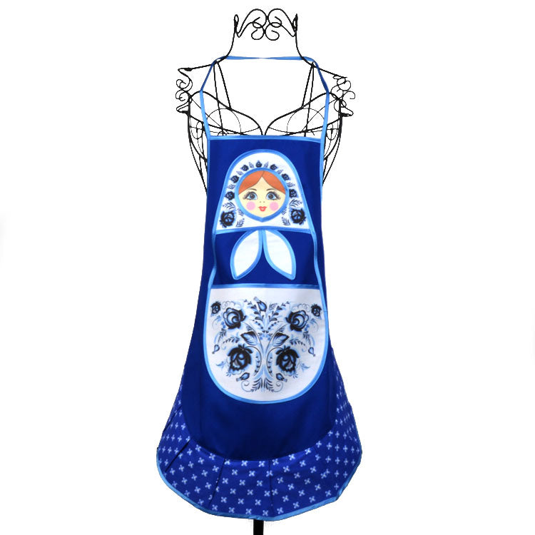 Blue Kitchen Apron with Russian Doll