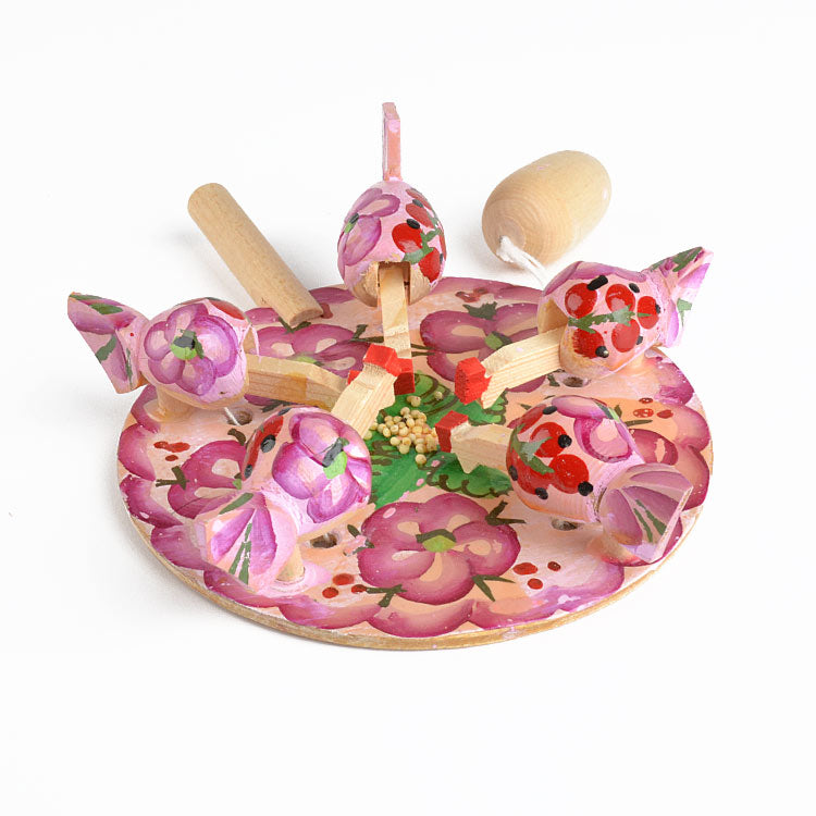 Pink Pecking Hens Wooden Russian Toy