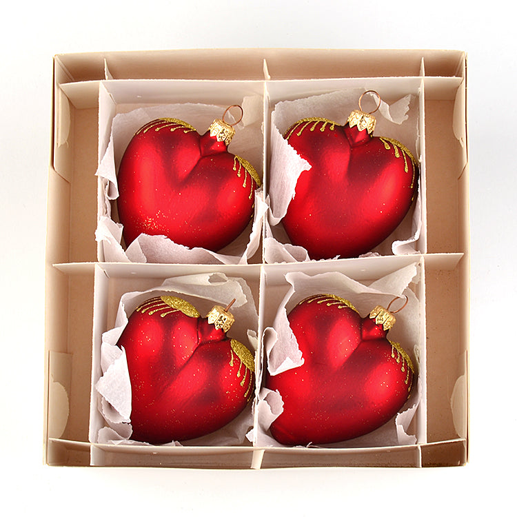 Set of Four Red Heart Christmas Ornament