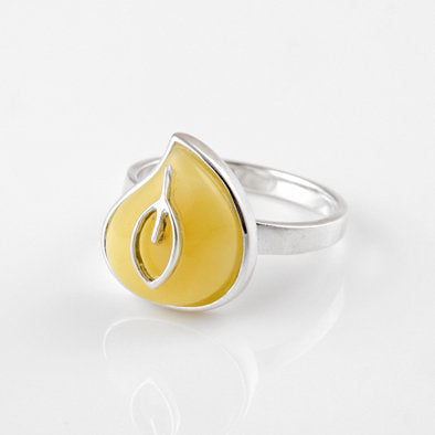 Butterscotch Amber Teardrop with Silver Leaf Ring