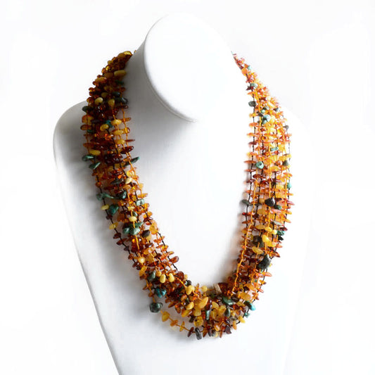 10 Multicolored Strings Amber and Turquoise Necklace