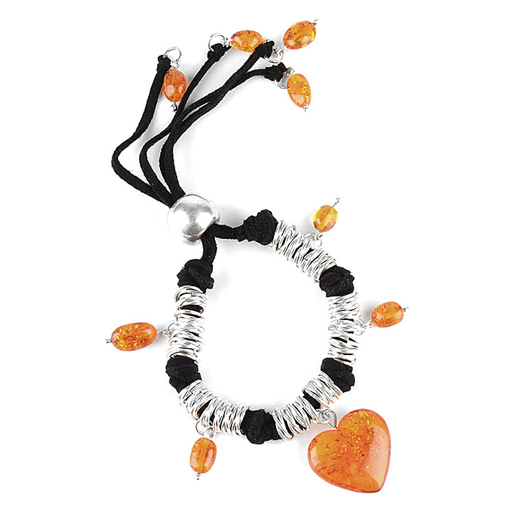 Amber Heart Silver Charm Bracelet