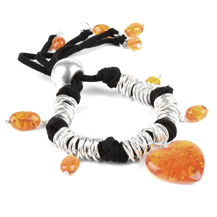 Amber Heart Silver Charm Bracelet