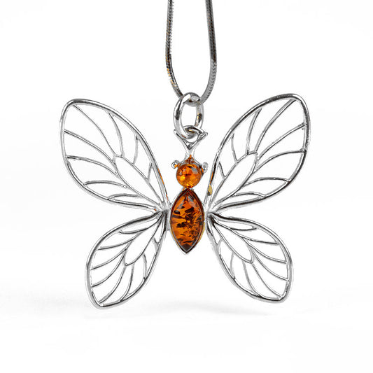 Silver Butterfly With Amber Pendant