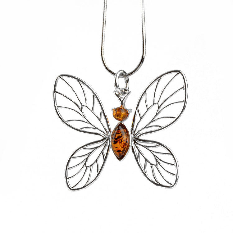 Silver Butterfly With Amber Pendant