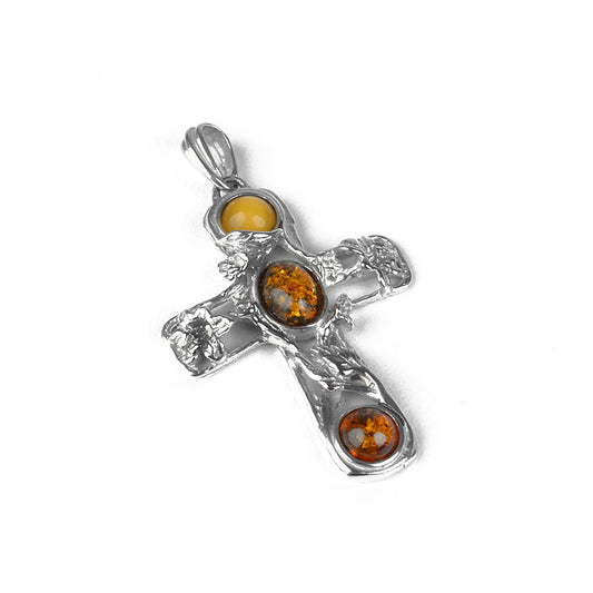Elegant Floral Amber Cross Pendant