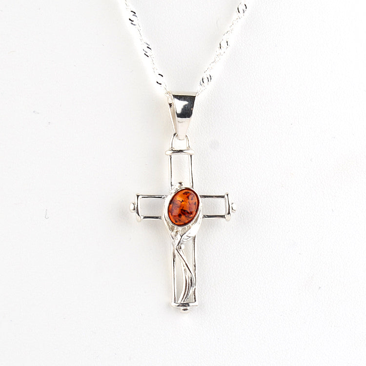 Silver & Amber Cross Pendant